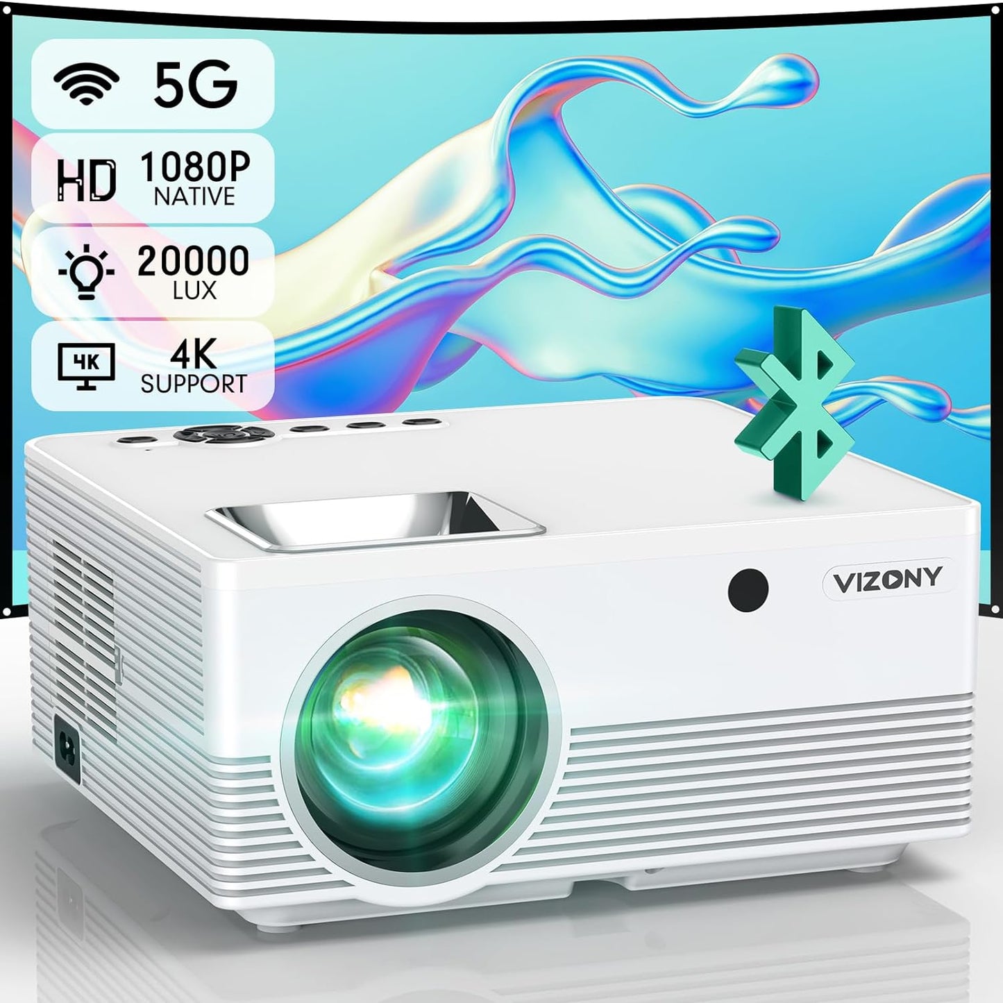 VIZONY Projector with 5G WiFi and Bluetooth, 20000L 600ANSI Full HD Native 1080P Projector, Support 4k & 350" Display with Carry Case, Outdoor Movie Projector Compatible w/Phone/TV Stick/Laptop, White