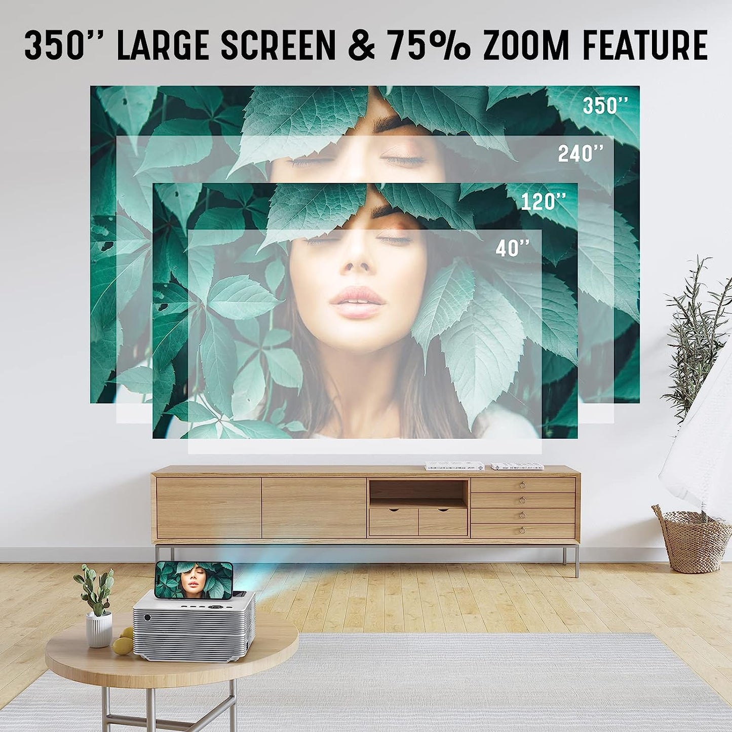 VIZONY Projector with 5G WiFi and Bluetooth, 20000L 600ANSI Full HD Native 1080P Projector, Support 4k & 350" Display with Carry Case, Outdoor Movie Projector Compatible w/Phone/TV Stick/Laptop, White